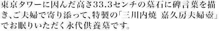 東京タワーに因んだ高さ33.3センチの墓石に碑言葉を描き、ご夫婦で寄り添って、特製の「三川内焼 嘉久房夫婦壺」でお眠りいただく永代供養墓です。